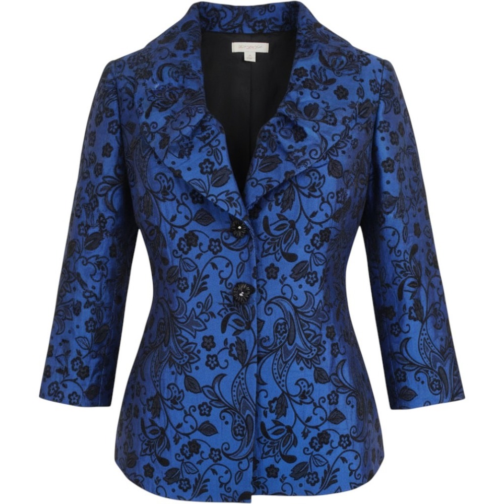 Harold's Blue Black Floral Brocade Skirt Suit Set Ruffle Jacket Skirt Size 4 8